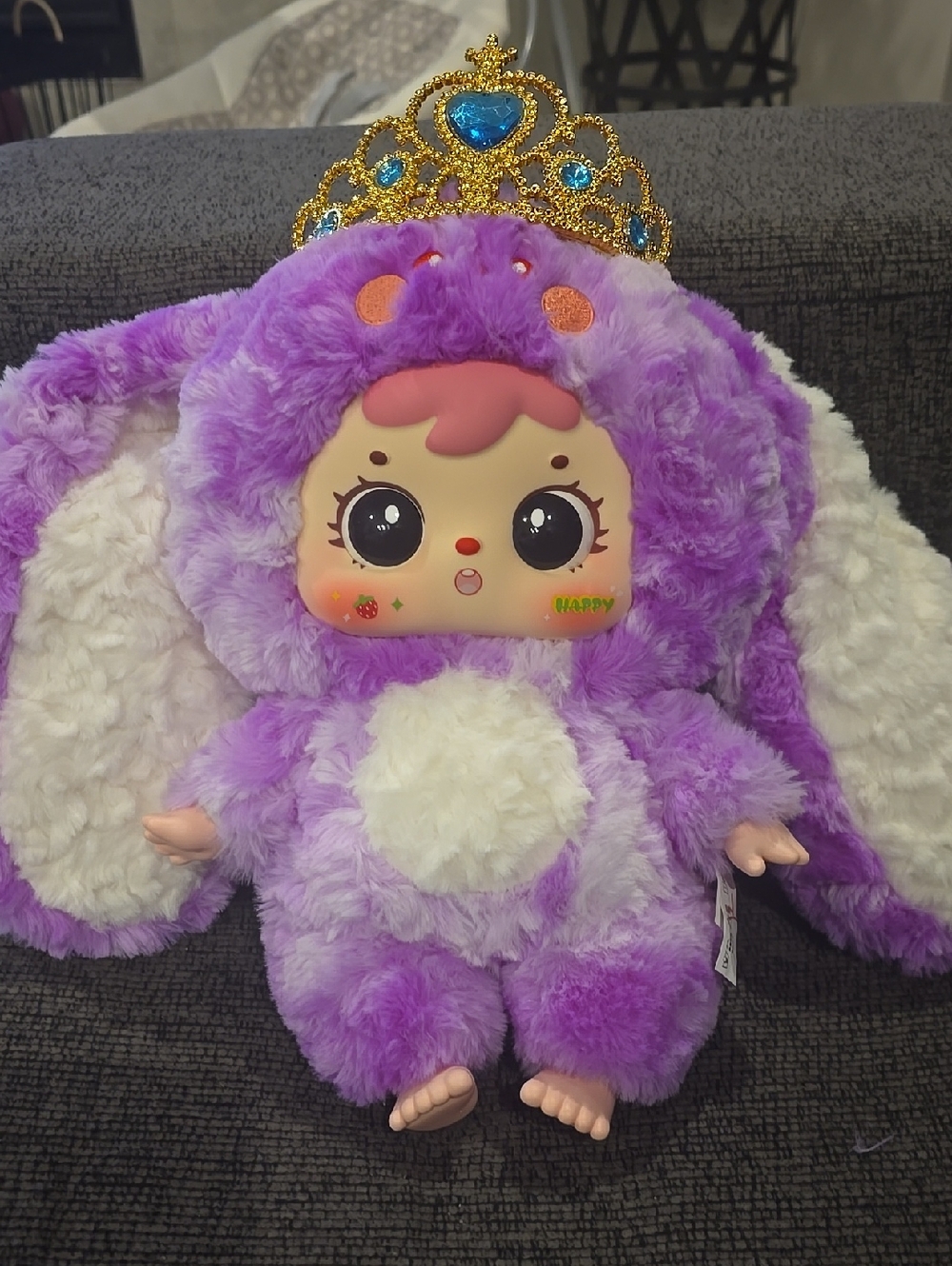Purple Plush Bunny Doll with Crown - Cute Cuddly Kids Toy "HAPPY"